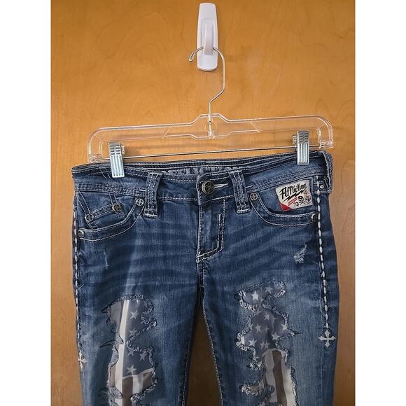 Affliction Jeans Womens 25x31 Blue Flared Embroidered Pockets - Picture 2 of 12